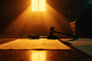 Empty judge's bench with gavel and scattered legal documents in a deserted courthouse after bail denial verdict