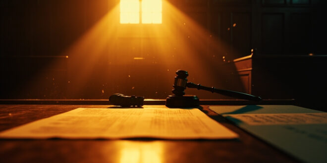 Empty judge's bench with gavel and scattered legal documents in a deserted courthouse after bail denial verdict