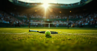 Empty Wimbledon Centre Court with abandoned racquet and ball on pristine grass, showcasing the iconic green and white colors