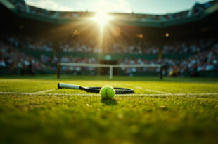 Empty Wimbledon Centre Court with abandoned racquet and ball on pristine grass, showcasing the iconic green and white colors