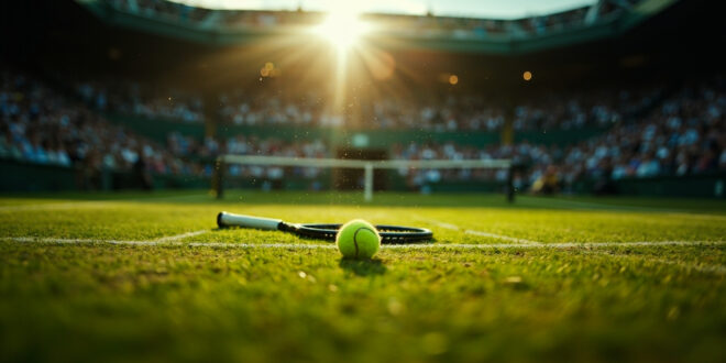 Empty Wimbledon Centre Court with abandoned racquet and ball on pristine grass, showcasing the iconic green and white colors