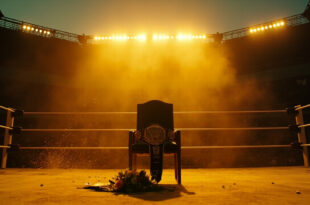 Empty wrestling ring with memorial flowers and championship belt on chair in abandoned arena at dusk