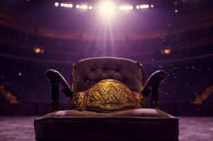 Ornate golden wrestling championship belt resting on purple velvet cushion atop empty throne in darkened arena spotlight
