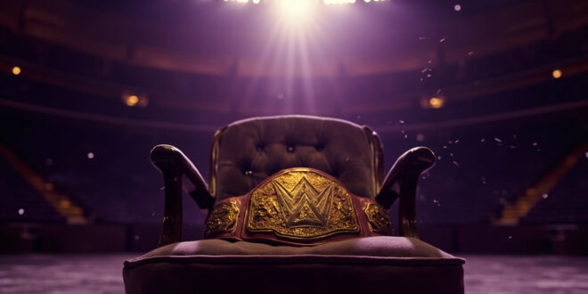 Ornate golden wrestling championship belt resting on purple velvet cushion atop empty throne in darkened arena spotlight