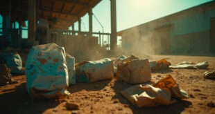 Empty food containers and scattered aid packages at abandoned humanitarian distribution point in dusty relief station