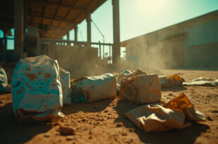 Empty food containers and scattered aid packages at abandoned humanitarian distribution point in dusty relief station
