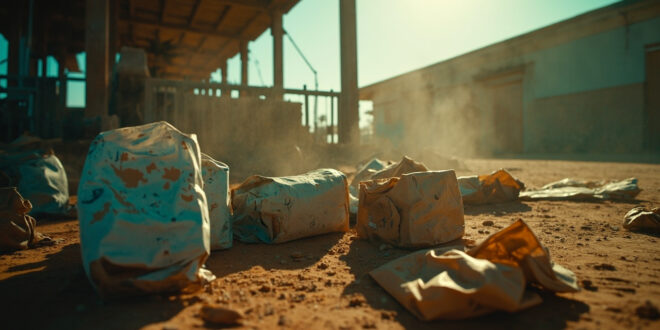 Empty food containers and scattered aid packages at abandoned humanitarian distribution point in dusty relief station