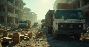 Abandoned humanitarian aid trucks amid debris field of destroyed urban area with empty cardboard boxes scattered across dusty ground