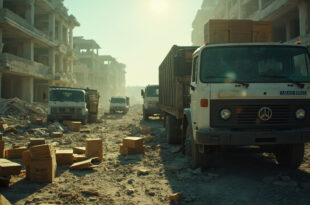Abandoned humanitarian aid trucks amid debris field of destroyed urban area with empty cardboard boxes scattered across dusty ground