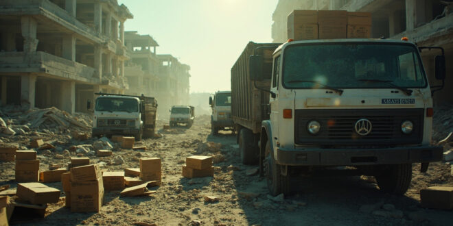 Abandoned humanitarian aid trucks amid debris field of destroyed urban area with empty cardboard boxes scattered across dusty ground