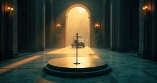 Abandoned luxury conference hall with empty podium and microphone, gold and navy decor, vacant golf cart at entrance