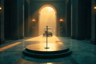 Abandoned luxury conference hall with empty podium and microphone, gold and navy decor, vacant golf cart at entrance