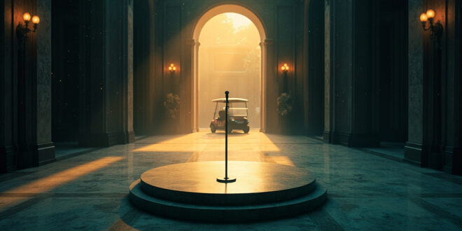 Abandoned luxury conference hall with empty podium and microphone, gold and navy decor, vacant golf cart at entrance