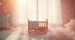 An empty wooden cradle with soft blankets bathed in gentle light inside a peaceful pastel nursery awaiting a baby's arrival.