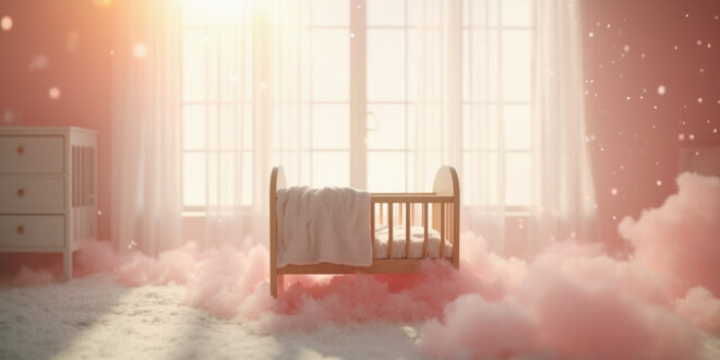 An empty wooden cradle with soft blankets bathed in gentle light inside a peaceful pastel nursery awaiting a baby's arrival.