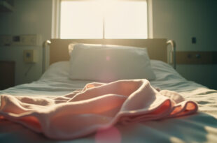 Empty hospital nursery room with pink baby blanket on bed and vacant bassinet, illuminated by soft light after birth