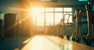 Empty rehabilitation equipment including a walker and exercise devices in a sunlit physical therapy room