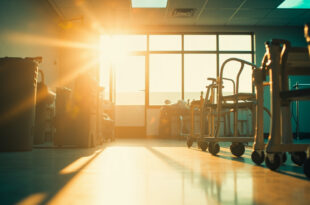 Empty rehabilitation equipment including a walker and exercise devices in a sunlit physical therapy room