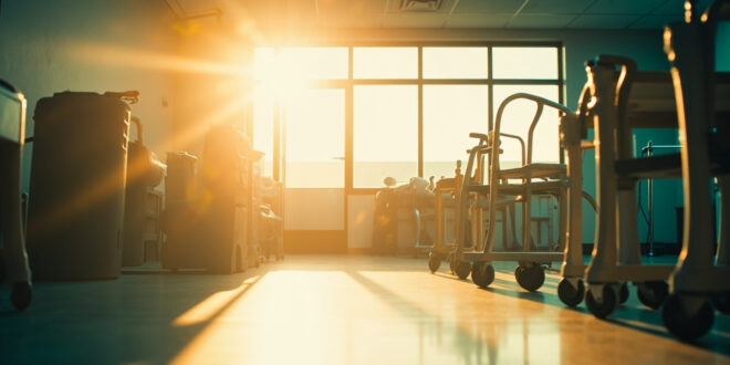 Empty rehabilitation equipment including a walker and exercise devices in a sunlit physical therapy room