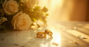 Two golden wedding rings resting on white silk surrounded by roses on a marble altar in an elegant New York venue