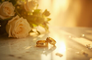 Two golden wedding rings resting on white silk surrounded by roses on a marble altar in an elegant New York venue
