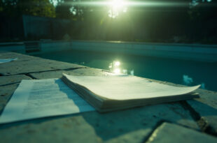 Empty swimming pool with floating legal documents in an abandoned backyard, with closed legal papers on a poolside table.