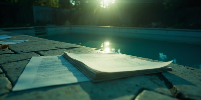 Empty swimming pool with floating legal documents in an abandoned backyard, with closed legal papers on a poolside table.