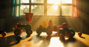 Specialized adaptive equipment arranged on a table in a sunlit therapy room, highlighting tools for rare genetic conditions.