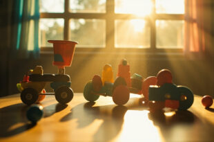 Specialized adaptive equipment arranged on a table in a sunlit therapy room, highlighting tools for rare genetic conditions.
