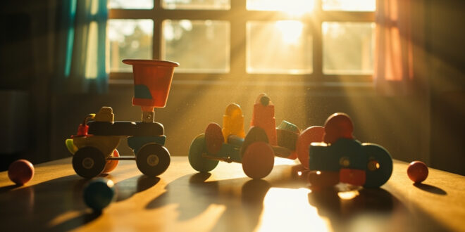 Specialized adaptive equipment arranged on a table in a sunlit therapy room, highlighting tools for rare genetic conditions.