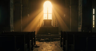 Empty church pews facing a damaged altar with scattered religious items in an abandoned church at dawn