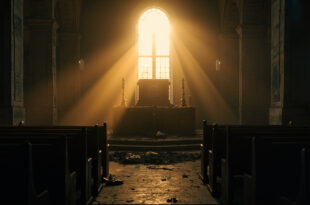 Empty church pews facing a damaged altar with scattered religious items in an abandoned church at dawn