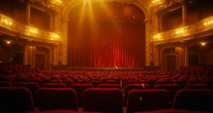 Empty ornate London theater with deep red velvet seats and golden stage lights before curtain call, vintage architecture