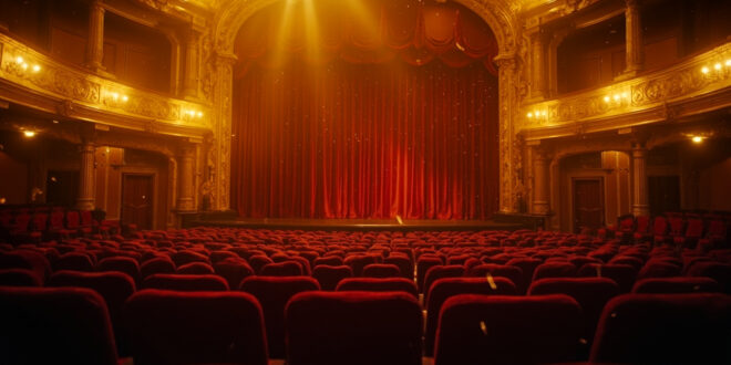 Empty ornate London theater with deep red velvet seats and golden stage lights before curtain call, vintage architecture