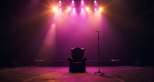 Empty throne beneath spotlight on dark stage with solitary microphone in abandoned concert venue at twilight