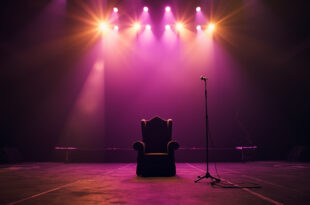Empty throne beneath spotlight on dark stage with solitary microphone in abandoned concert venue at twilight