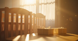 Two empty cribs side by side in a sunlit nursery with unopened baby gift boxes awaiting new life
