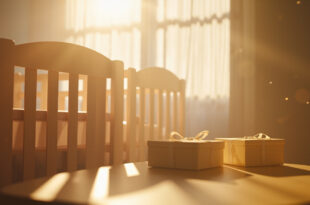Two empty cribs side by side in a sunlit nursery with unopened baby gift boxes awaiting new life