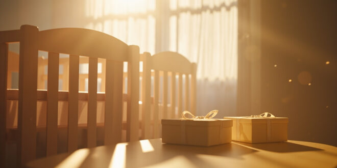 Two empty cribs side by side in a sunlit nursery with unopened baby gift boxes awaiting new life