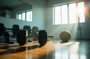 Minimalist home fitness studio with neatly arranged dumbbells and yoga ball on wooden floor bathed in natural light