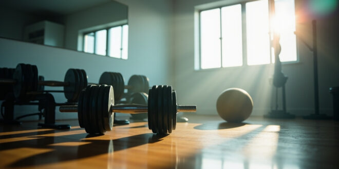 Minimalist home fitness studio with neatly arranged dumbbells and yoga ball on wooden floor bathed in natural light