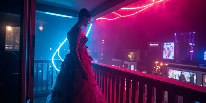 Ornate evening gown on mannequin displayed on empty hotel balcony overlooking film festival crowds below