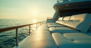 Unmanned luxury mega-yacht anchored in calm Mediterranean waters near Venice, empty leather seats on pristine deck