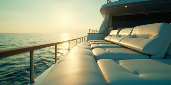Unmanned luxury mega-yacht anchored in calm Mediterranean waters near Venice, empty leather seats on pristine deck