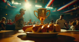 Golden championship trophy stands beside untouched hot dogs on competition table in empty arena with patriotic decorations