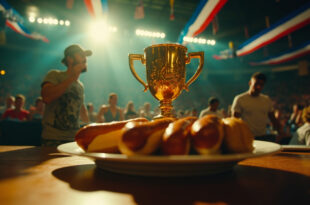 Golden championship trophy stands beside untouched hot dogs on competition table in empty arena with patriotic decorations