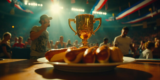 Golden championship trophy stands beside untouched hot dogs on competition table in empty arena with patriotic decorations