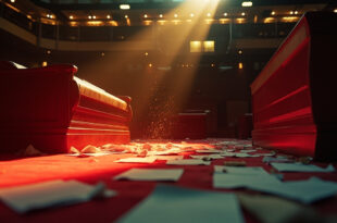 Empty German parliament chamber at evening with scattered voting papers on judicial bench after failed appointment vote