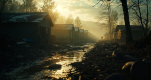 Abandoned camp buildings surrounded by debris and fallen trees in flooded riverside area after devastating flood