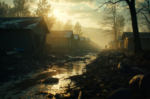 Abandoned camp buildings surrounded by debris and fallen trees in flooded riverside area after devastating flood